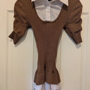 Chic Brown Knit Top with Faux Layered White Collared Sweater Top